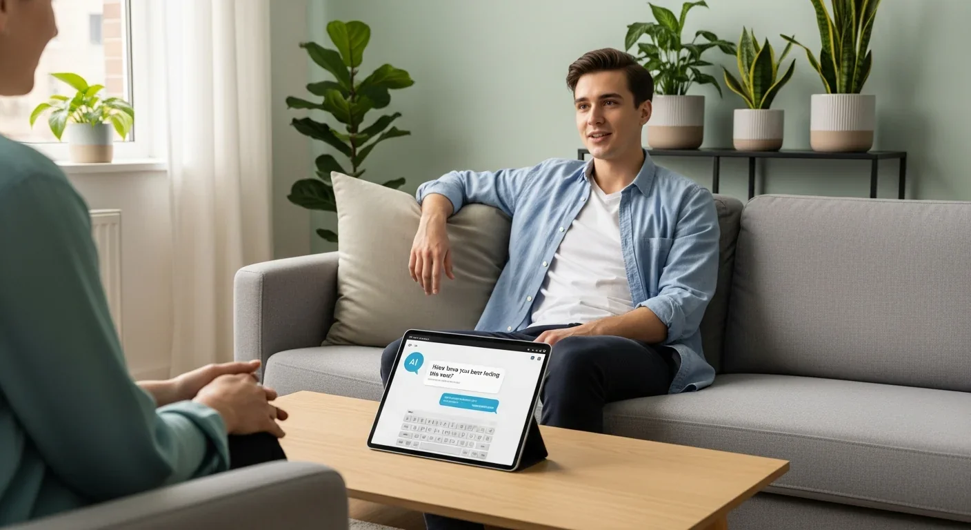 Young adult in therapy session using AI mental health support on tablet