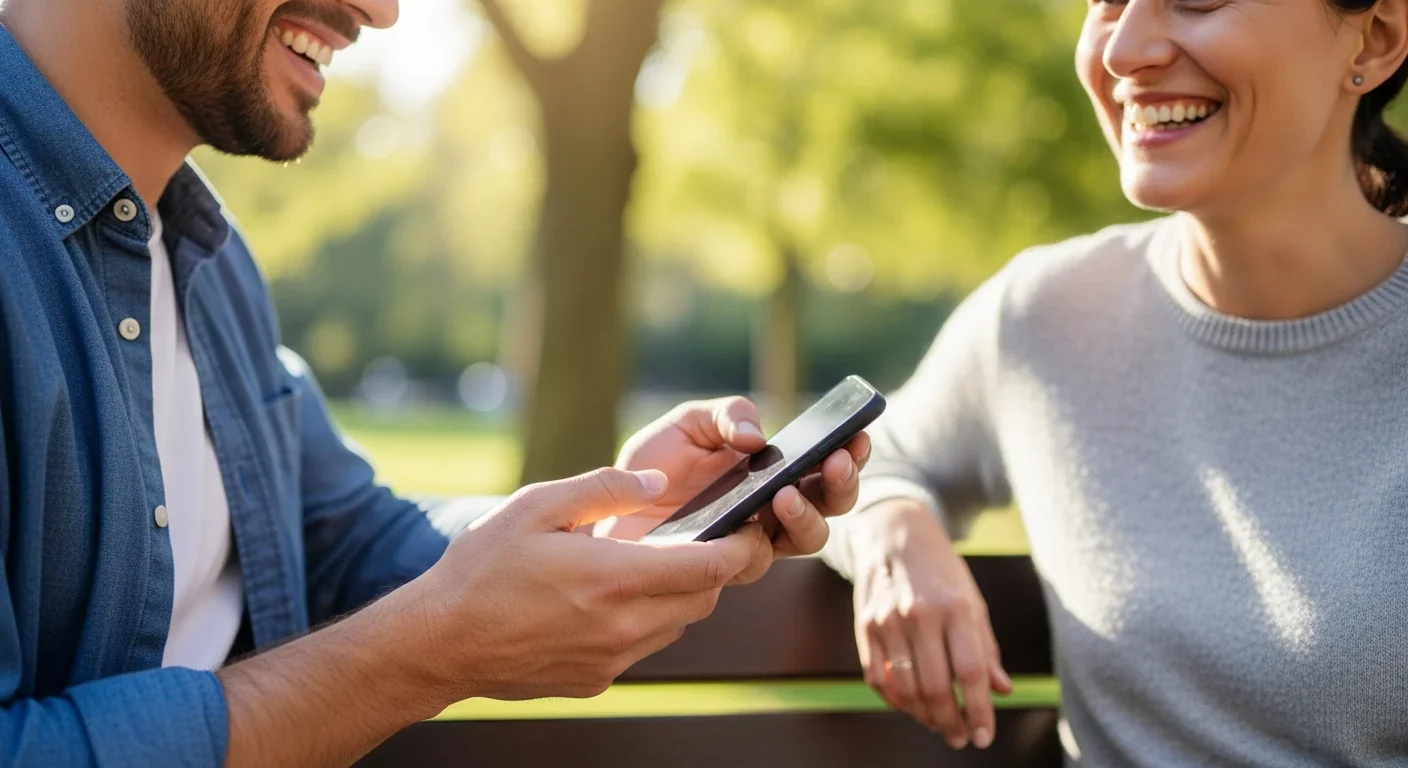Two friends sharing conversation on park bench, bridging digital and real connection