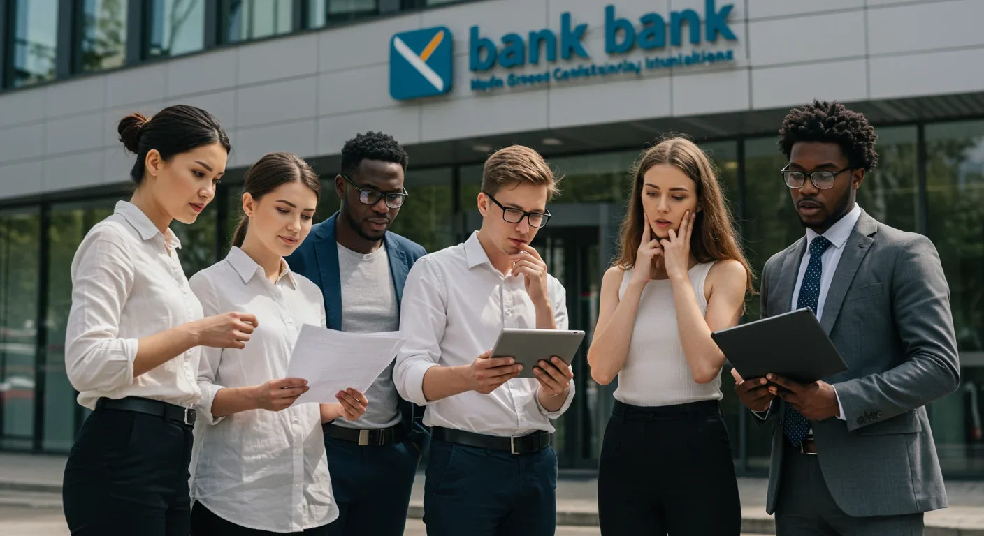 Diverse consumers reviewing credit applications outside modern bank building
