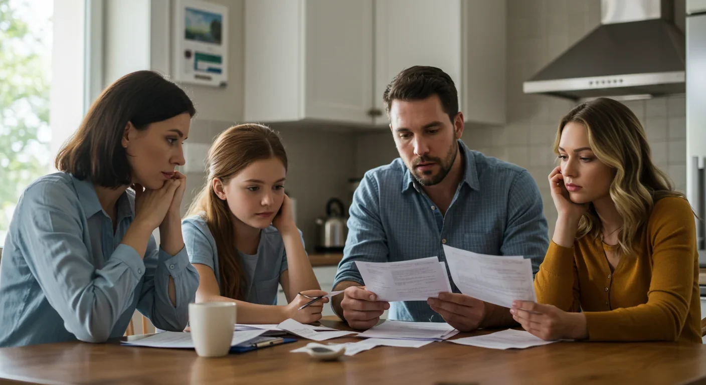 Family reviewing financial documents and bills at home