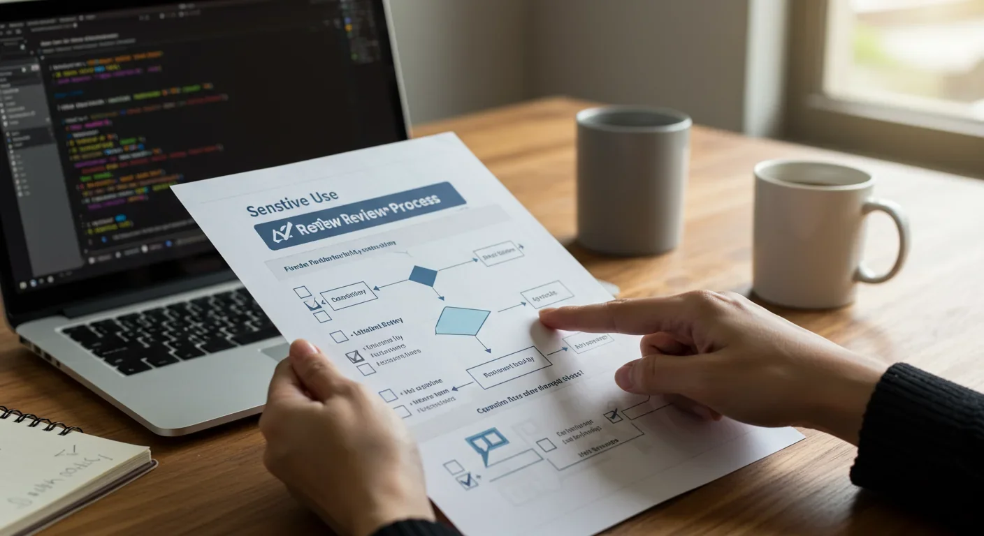 Computer screen showing AI code with human hand holding rejection stamp over deployment approval documents