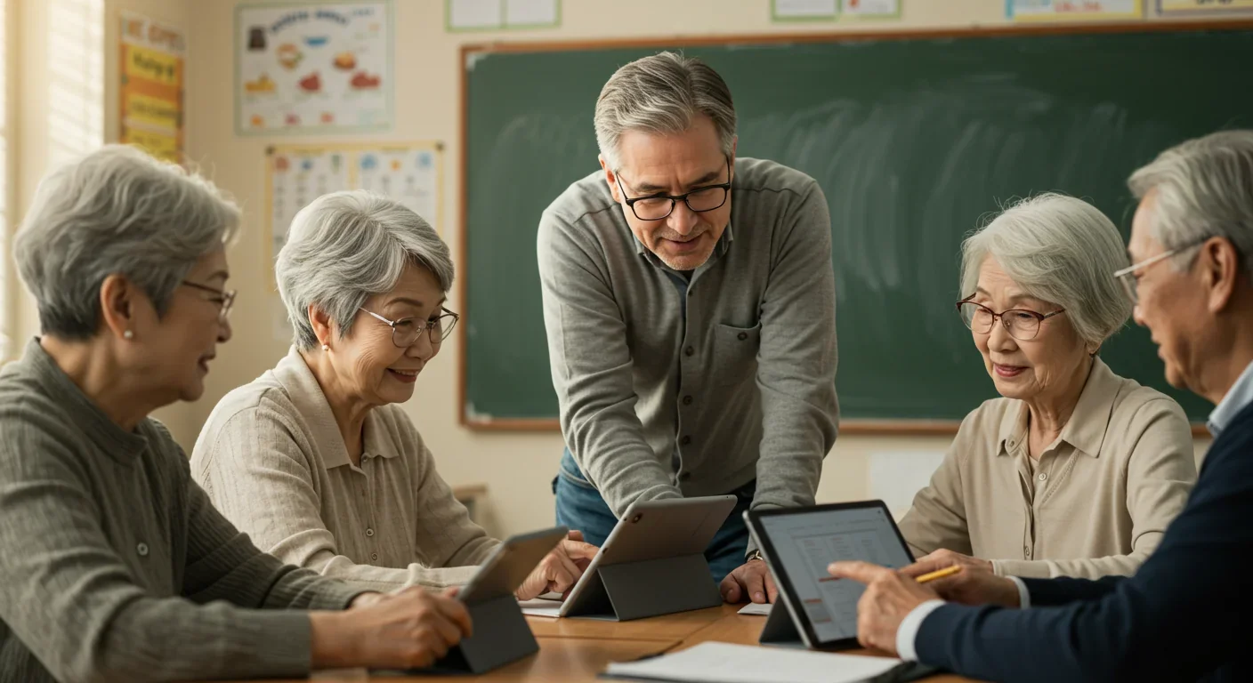 Teacher assisting senior citizens with tablet computers in a community classroom setting for digital literacy training