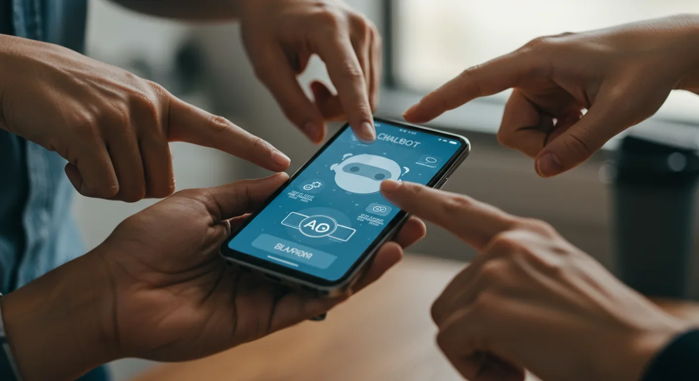 Diverse hands of different ages and backgrounds reaching toward smartphone displaying AI chatbot interface