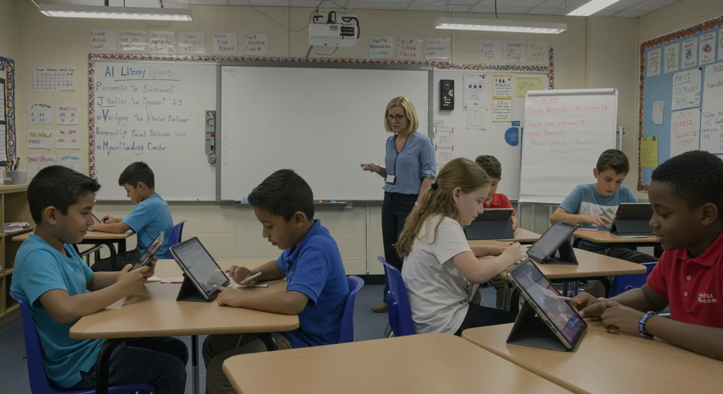 Elementary students using AI-powered tablets for personalized learning while teacher provides guidance in modern classroom