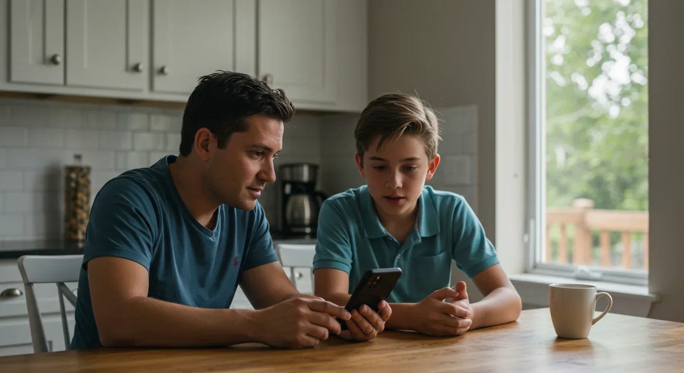 Parent and teenager discussing healthy screen time practices and AI tool usage at home kitchen table
