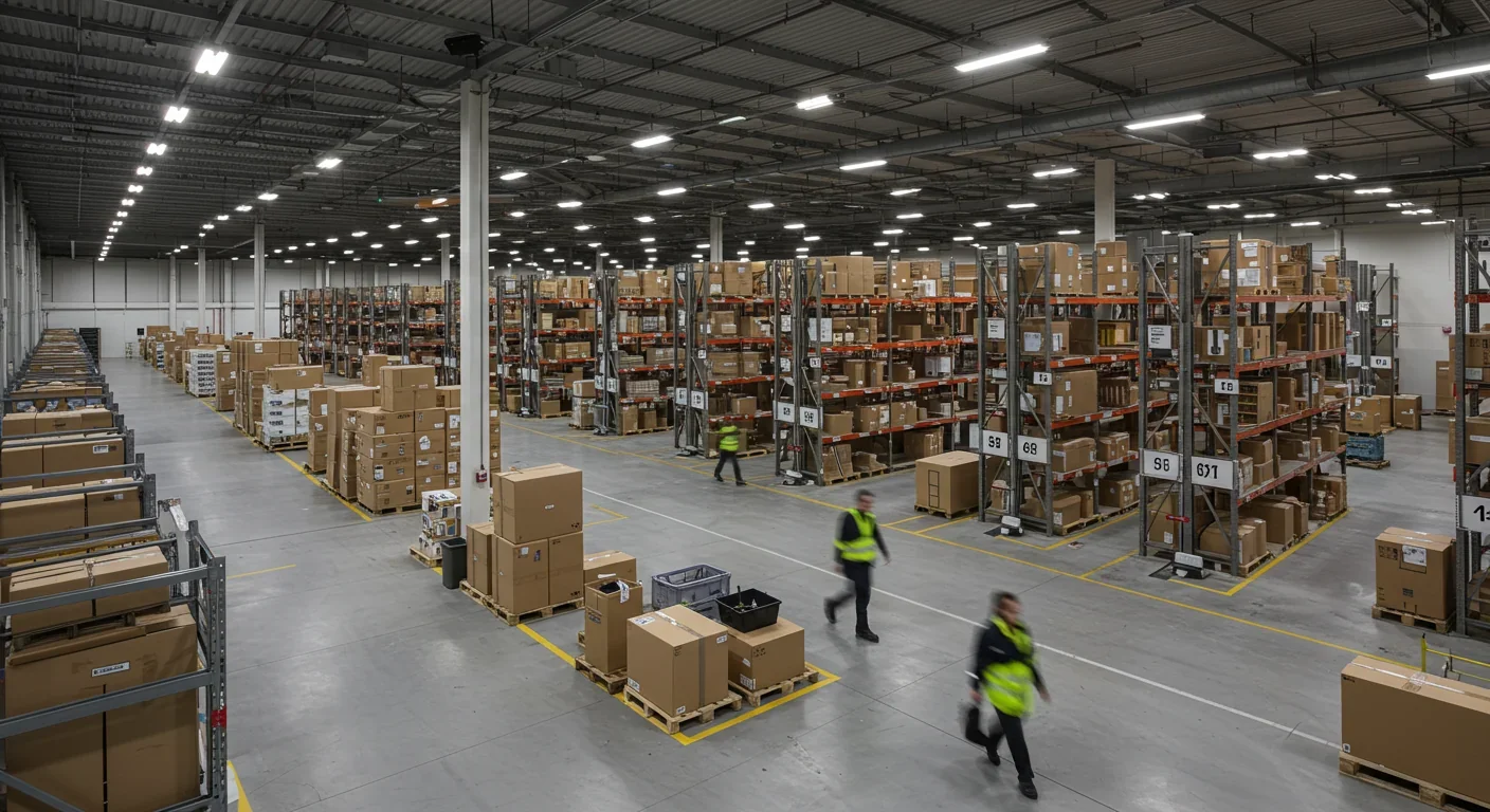 Modern warehouse with visible surveillance cameras monitoring workers among package-filled shelves