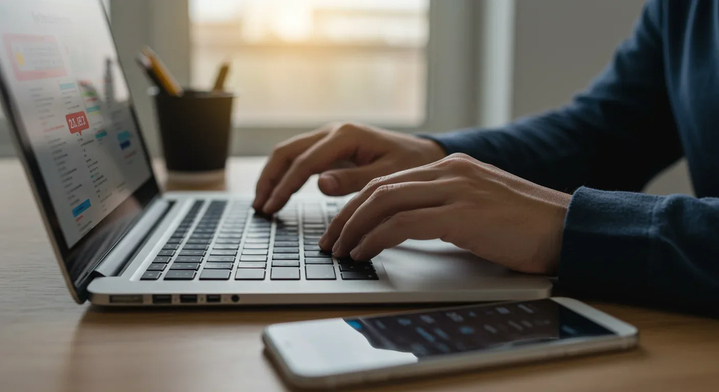 Worker typing on laptop with smartphone showing notifications, representing monitored workplace communications