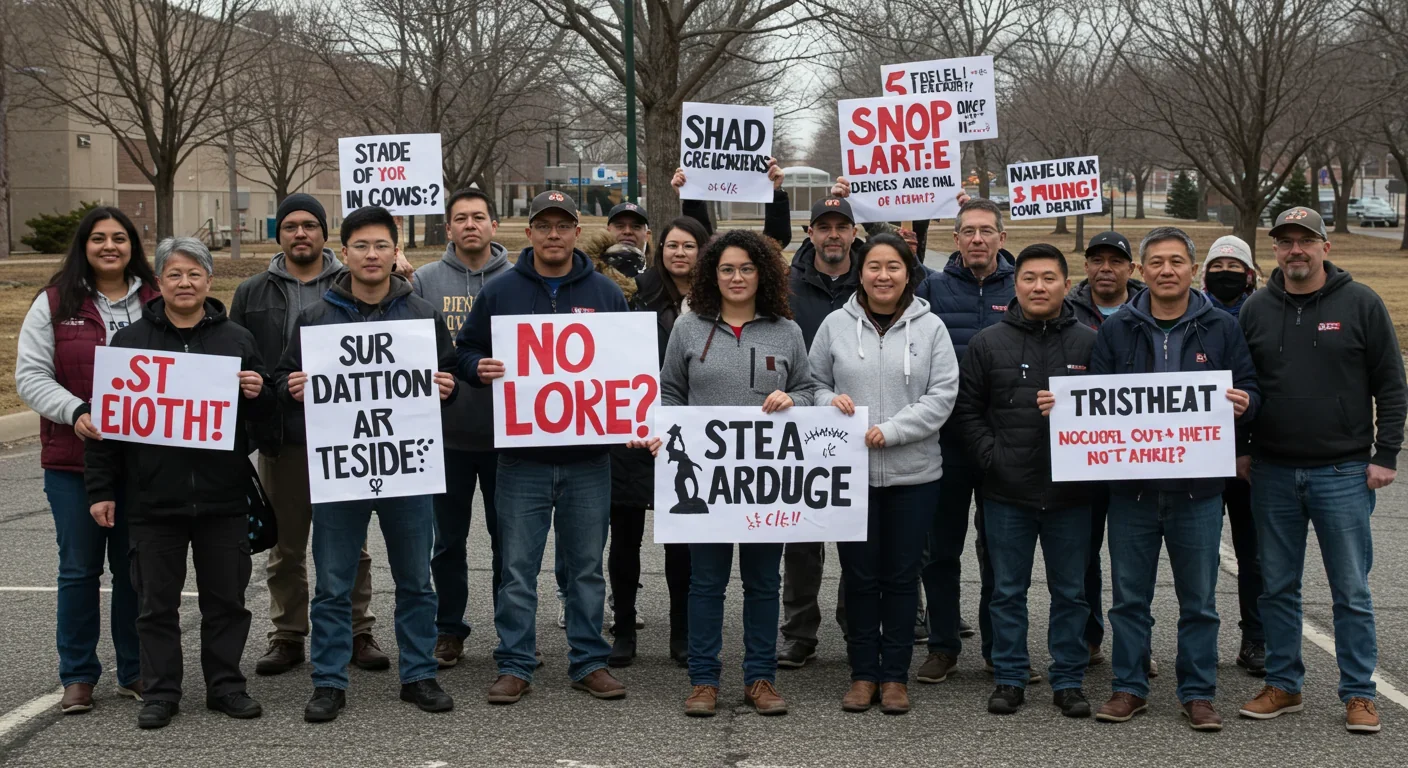 Diverse group of workers standing together in solidarity during a union organizing event