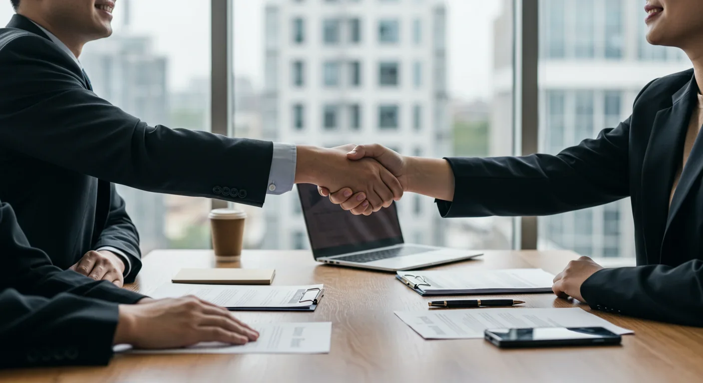 Business handshake across conference table representing union contract negotiations over AI surveillance