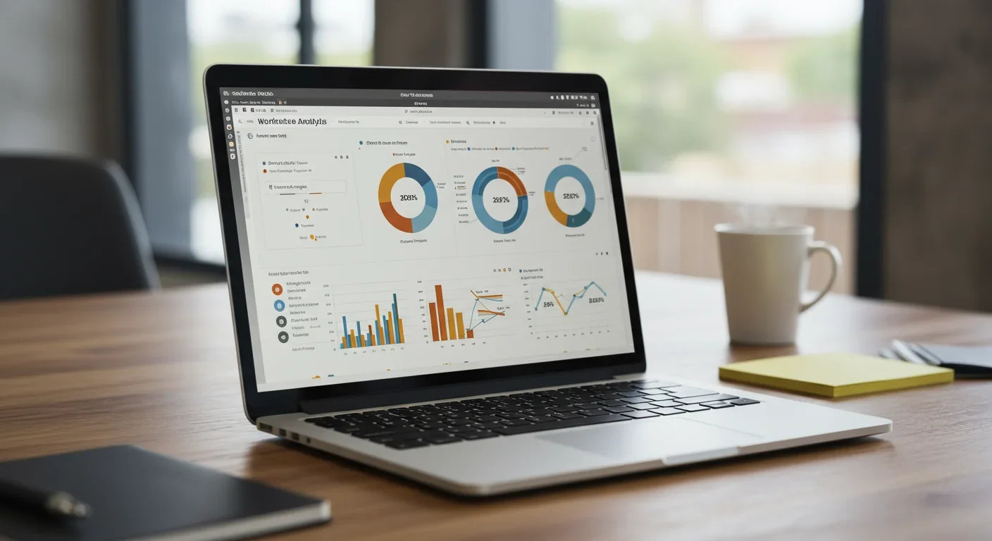 Laptop screen showing workforce analytics dashboard with employee performance graphs and metrics