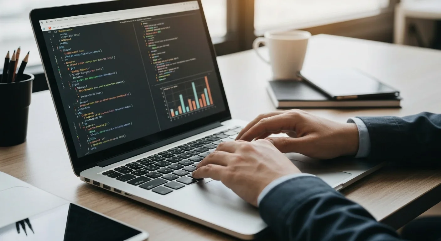 Hands typing on laptop showing algorithmic data, representing automated tenant screening technology