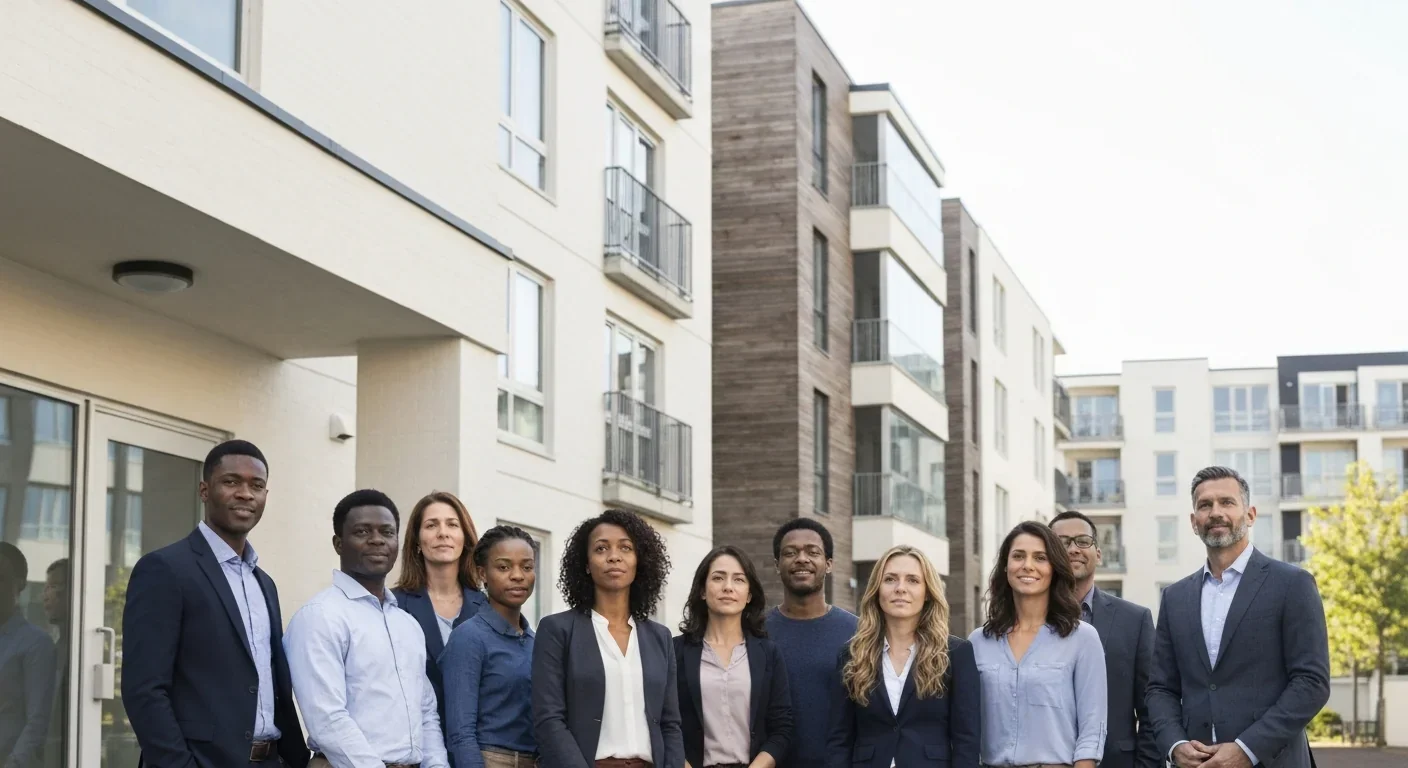Diverse group of adults in front of apartment building, representing rental housing applicants