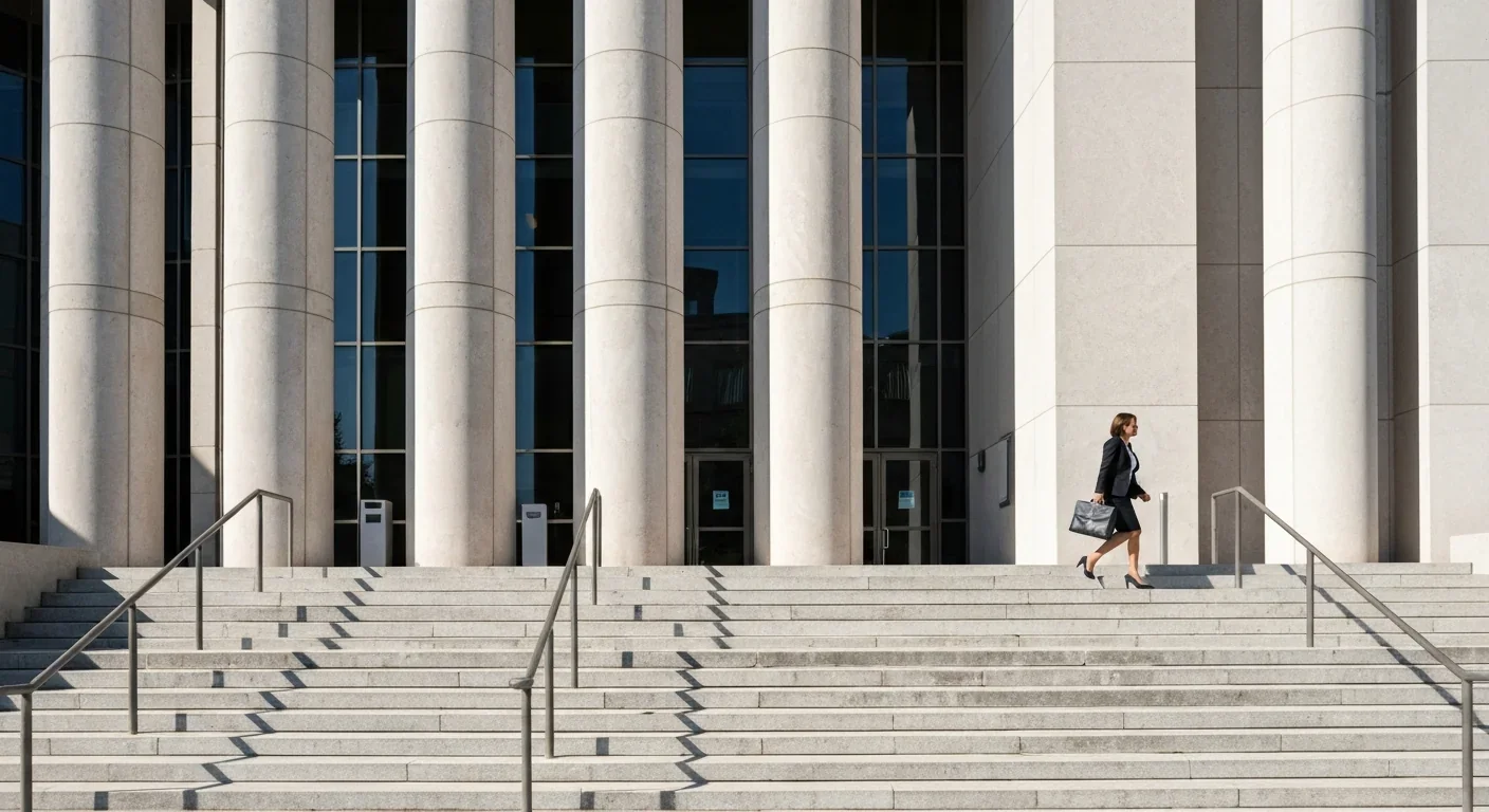 Professional woman approaching courthouse, representing legal challenges to algorithmic discrimination