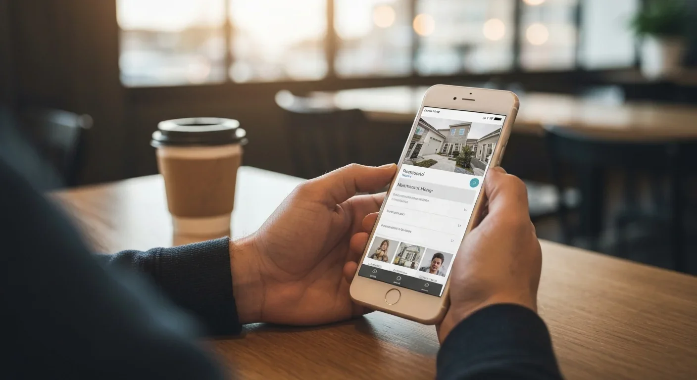 Hands holding smartphone with rental listing app, representing modern housing search technology