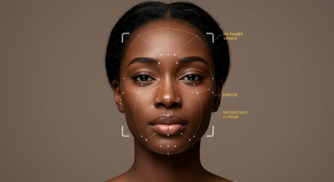Black woman's face overlaid with facial recognition error grid illustrating algorithmic bias in identification technology