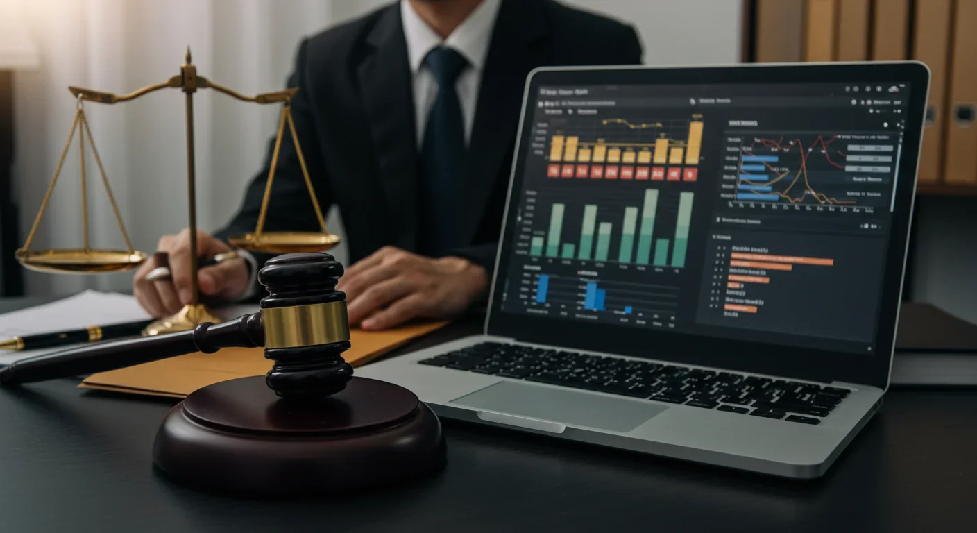 Courtroom with gavel and laptop showing algorithmic risk scores used in criminal justice sentencing and parole decisions