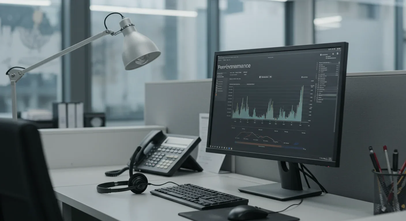 Call center workspace with performance monitoring dashboard visible on screen