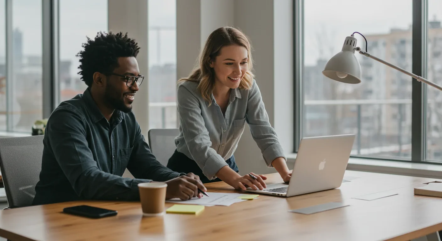 Professionals collaborating on technology-assisted workplace project