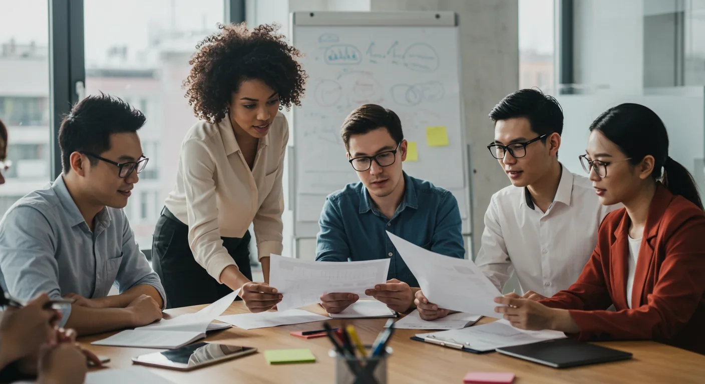 Workers collaborating on workplace policy and technology decisions