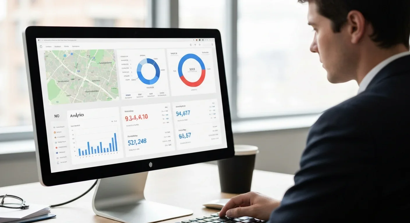Computer screen showing data visualization of housing algorithms with neighborhood maps and statistical charts