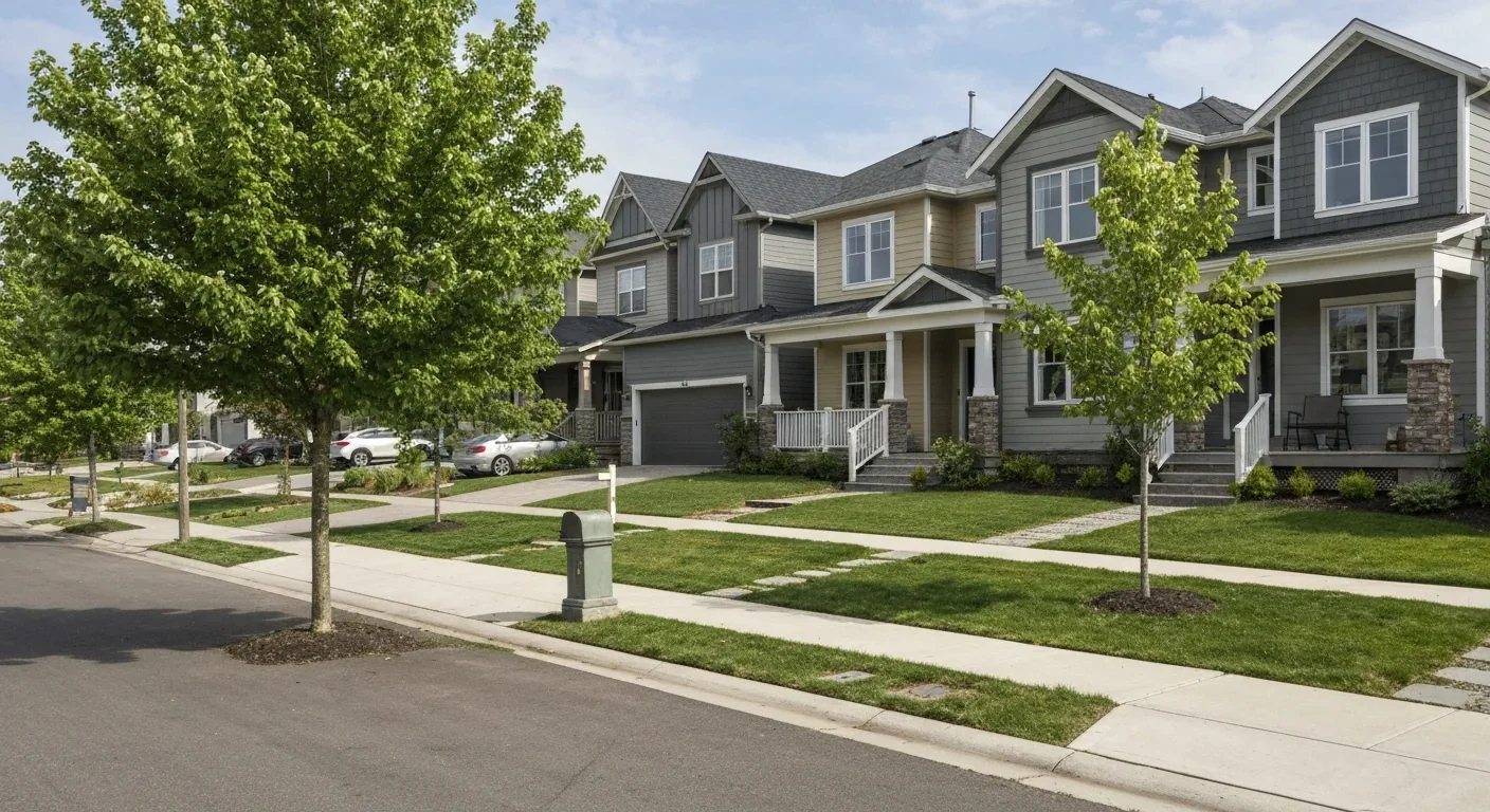 Suburban residential street showing housing inequality between adjacent neighborhoods