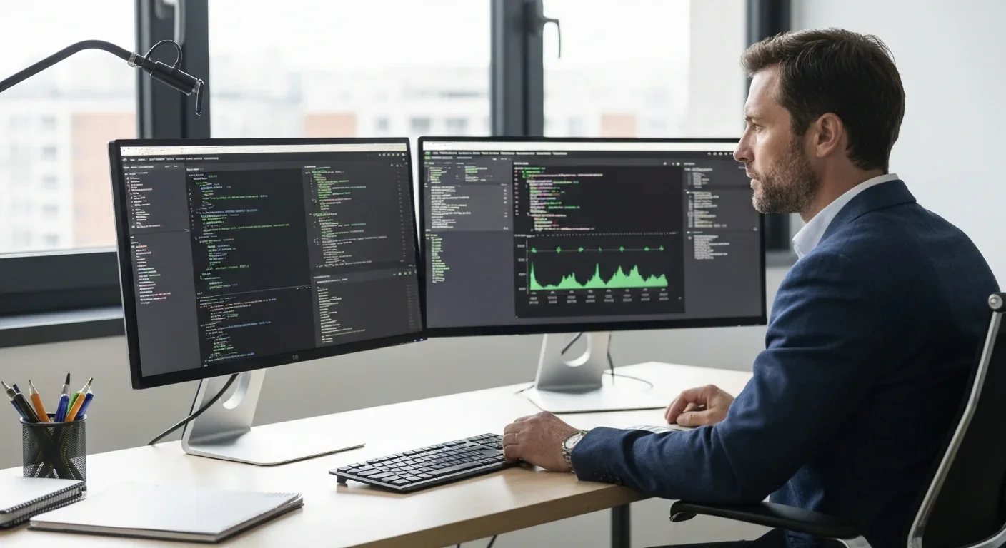 Professional reviewing algorithmic fairness metrics and code on computer monitors in modern office