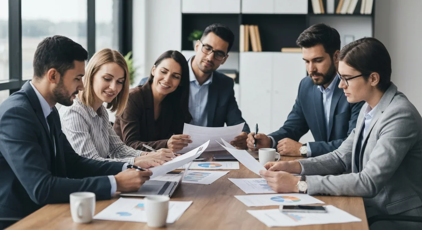 Diverse professionals collaborating at conference table on housing policy and regulatory reform