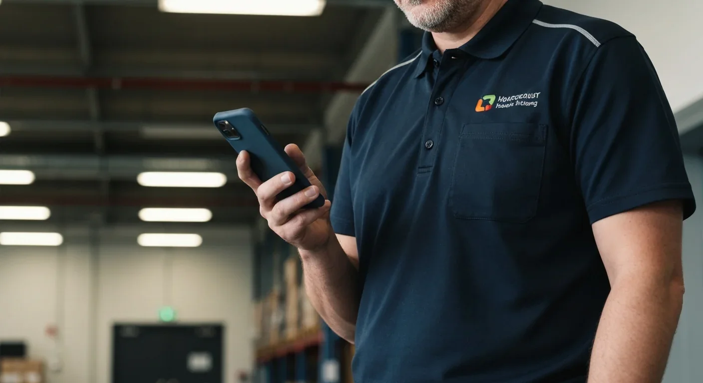 Delivery worker scanning package with smartphone in warehouse