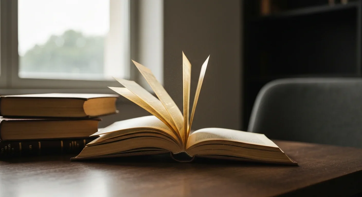 Stack of vintage philosophy books on a wooden table bathed in warm natural light