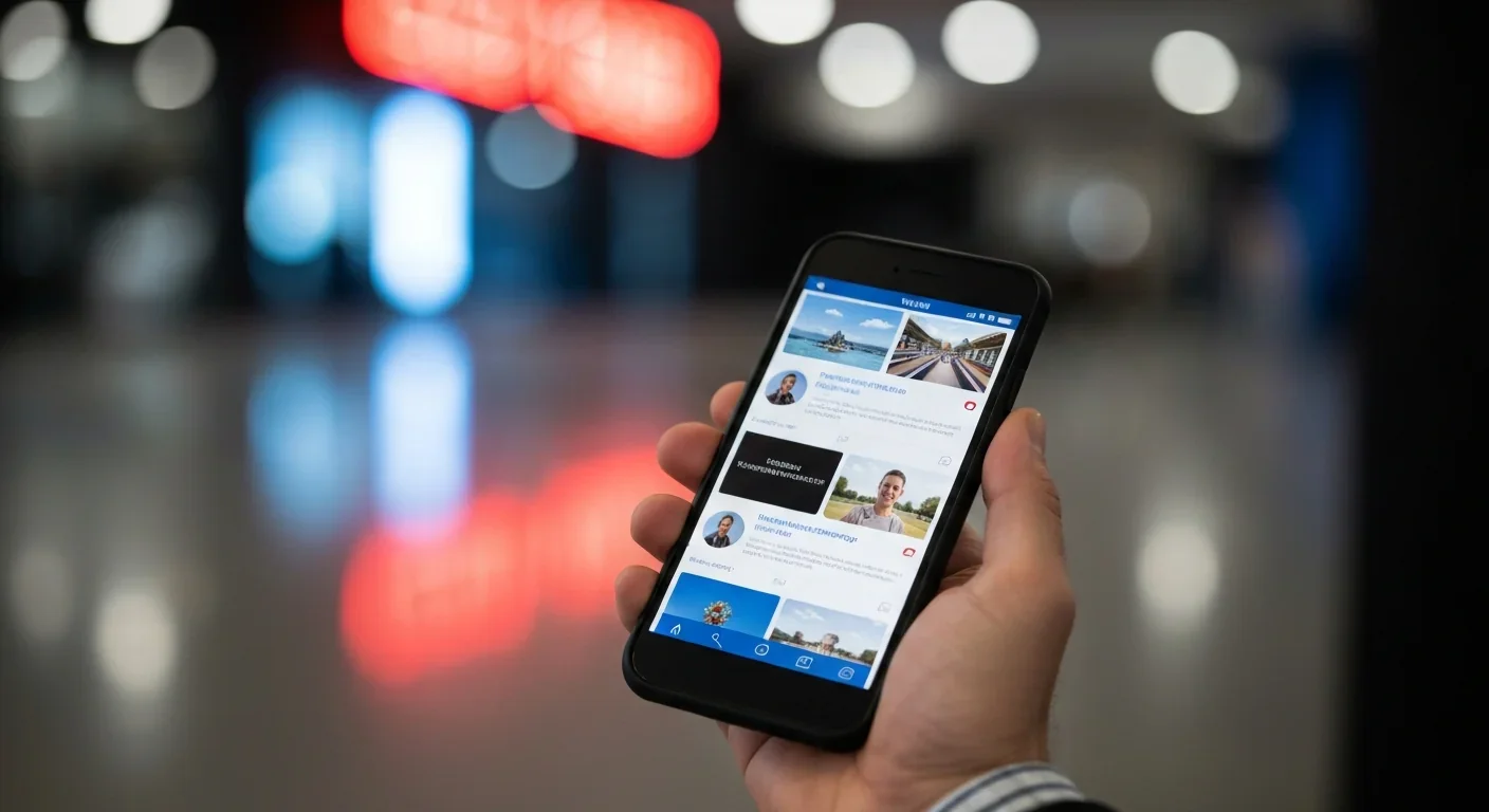A hand holding a smartphone showing a social media feed with blurred lights in the background