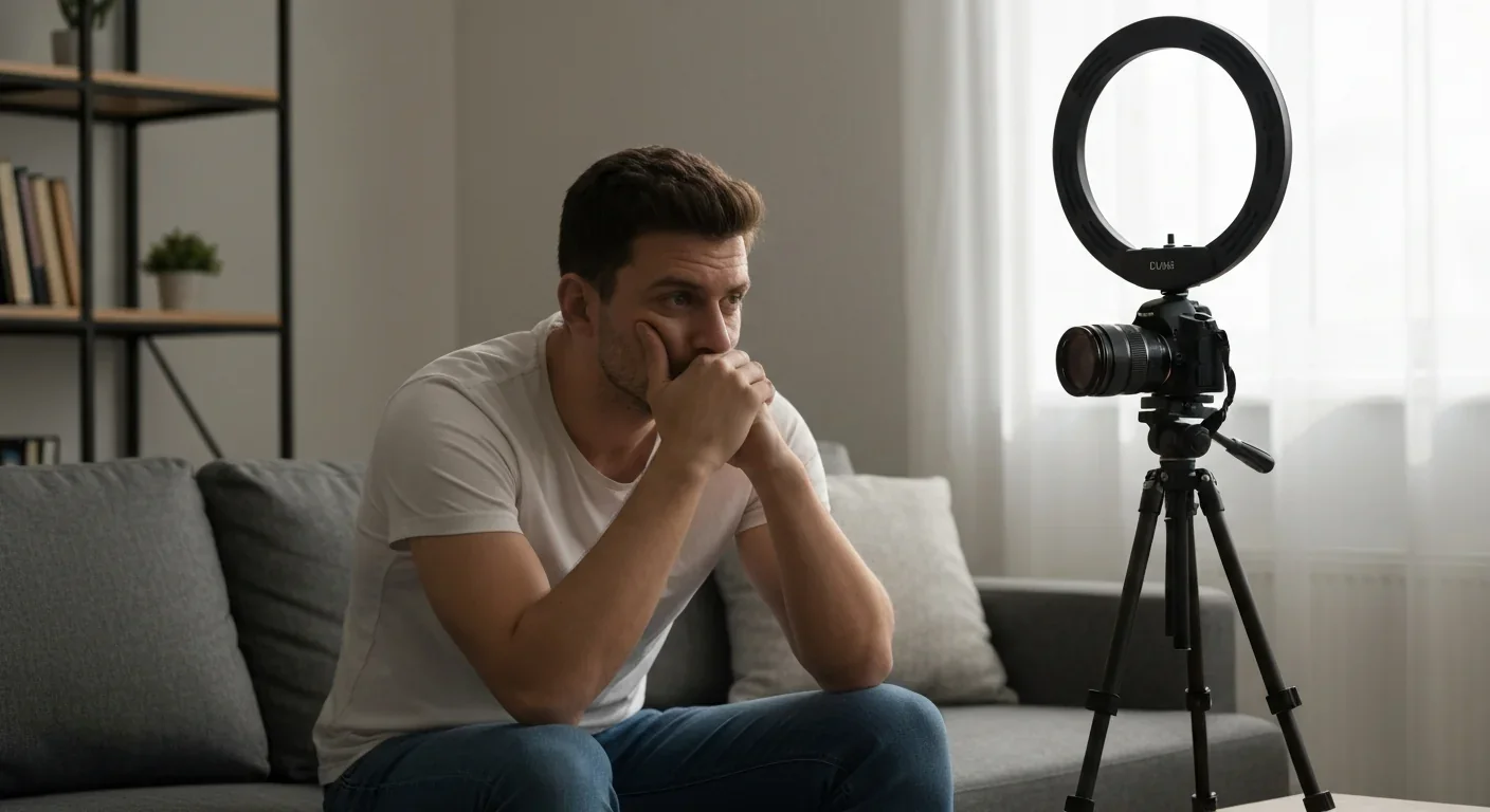 A tired content creator sitting on a couch near filming equipment in soft natural light