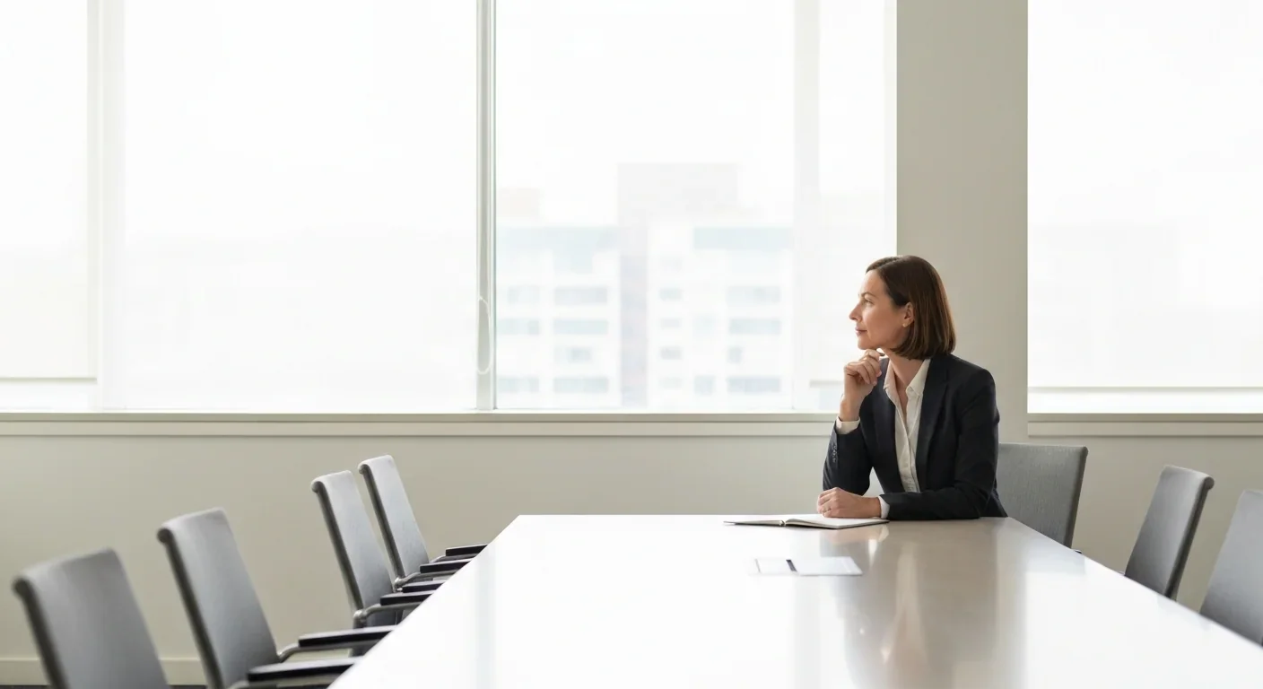 A professional woman sitting alone at a conference table gazing out an office window