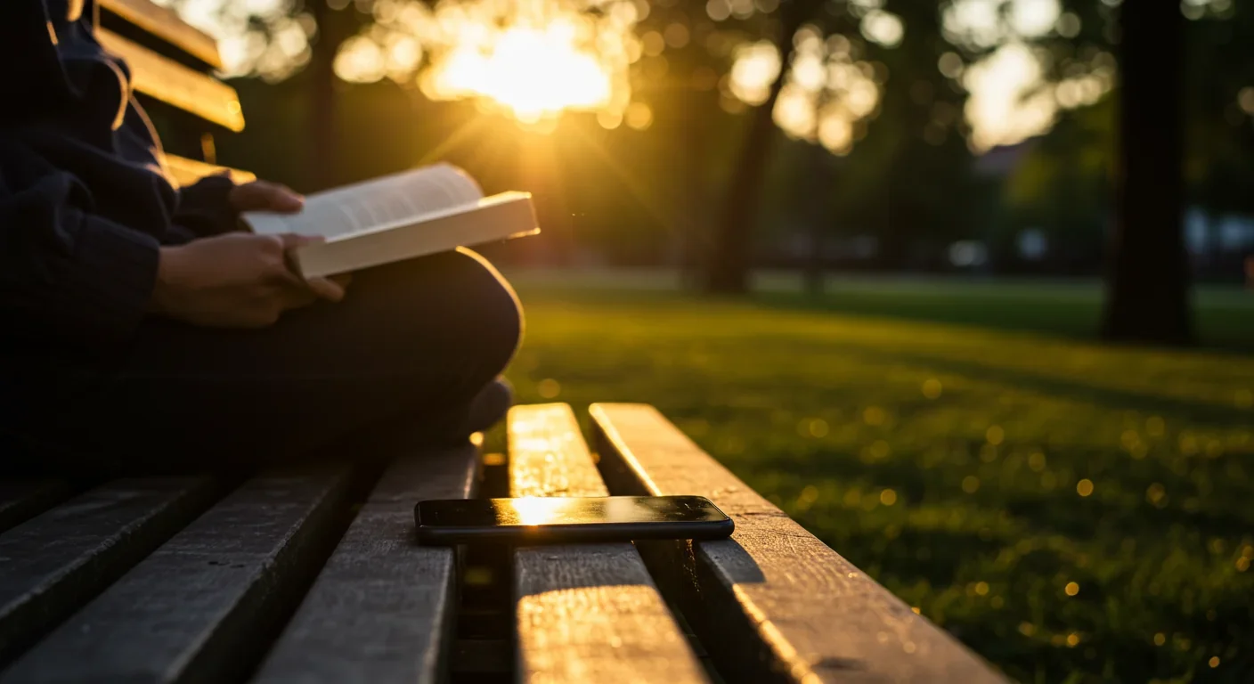 Person reading book outdoors with smartphone turned off demonstrating digital detox and attention recovery