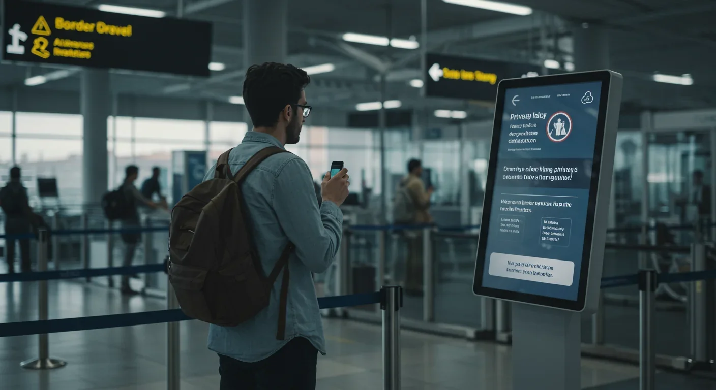 Traveler reviewing biometric data privacy information and opt-out options at an airport border checkpoint