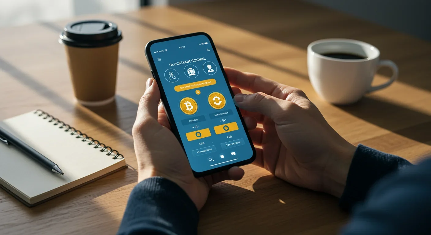 Smartphone showing blockchain social media app with crypto tokens and creator coins