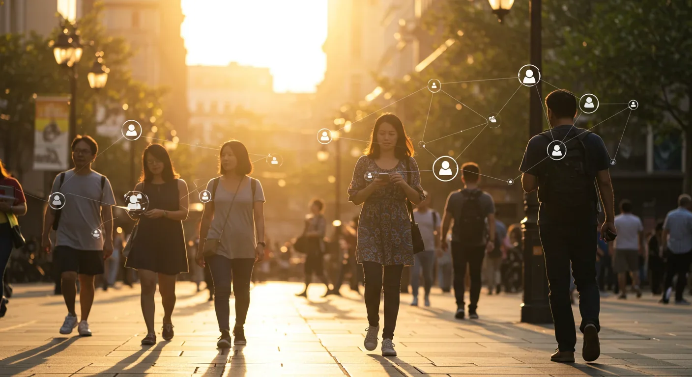 Urban street scene with people using smartphones connected by decentralized network visualization