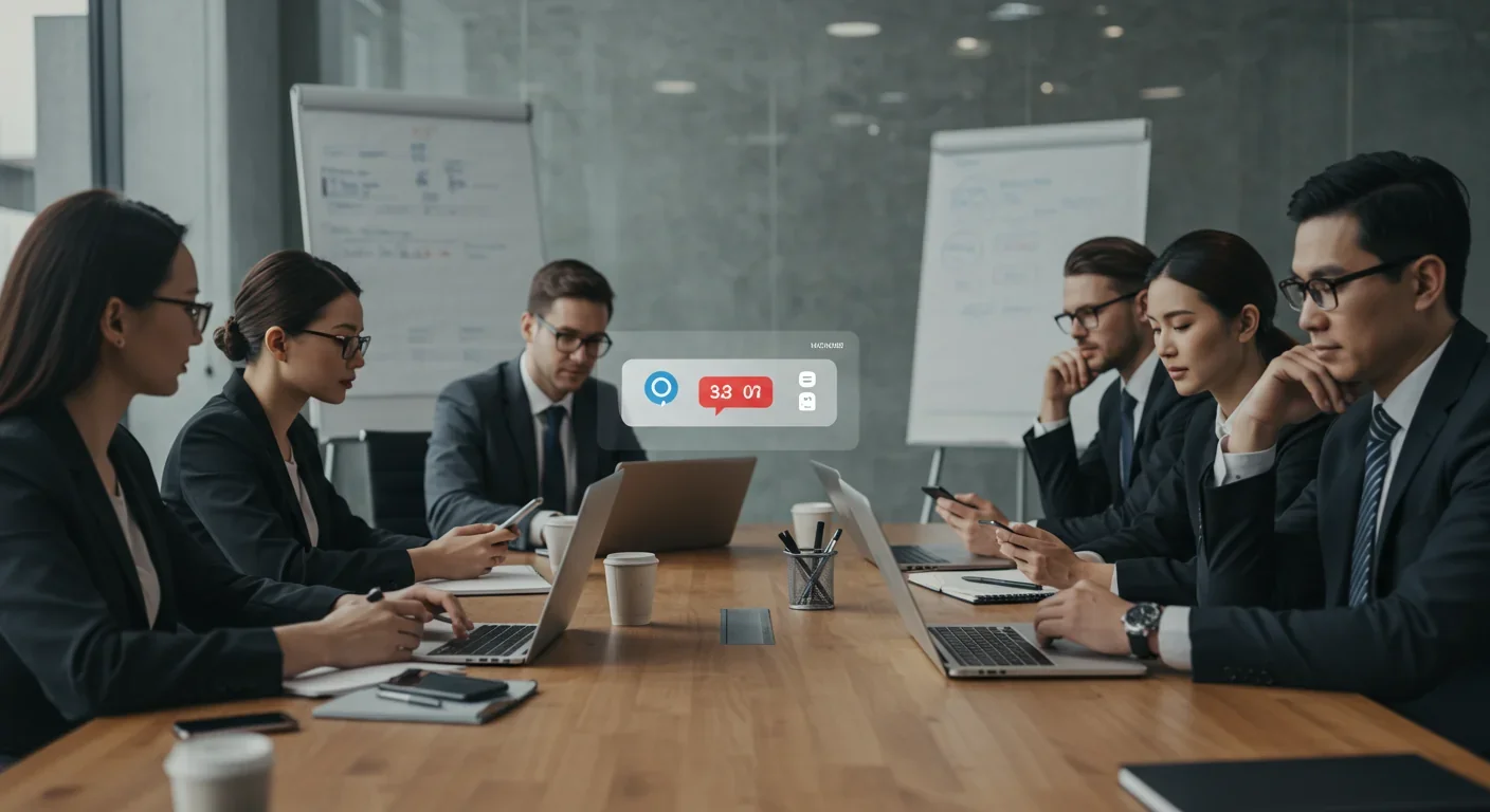 Business professionals in meeting room checking phones and devices showing constant connectivity culture