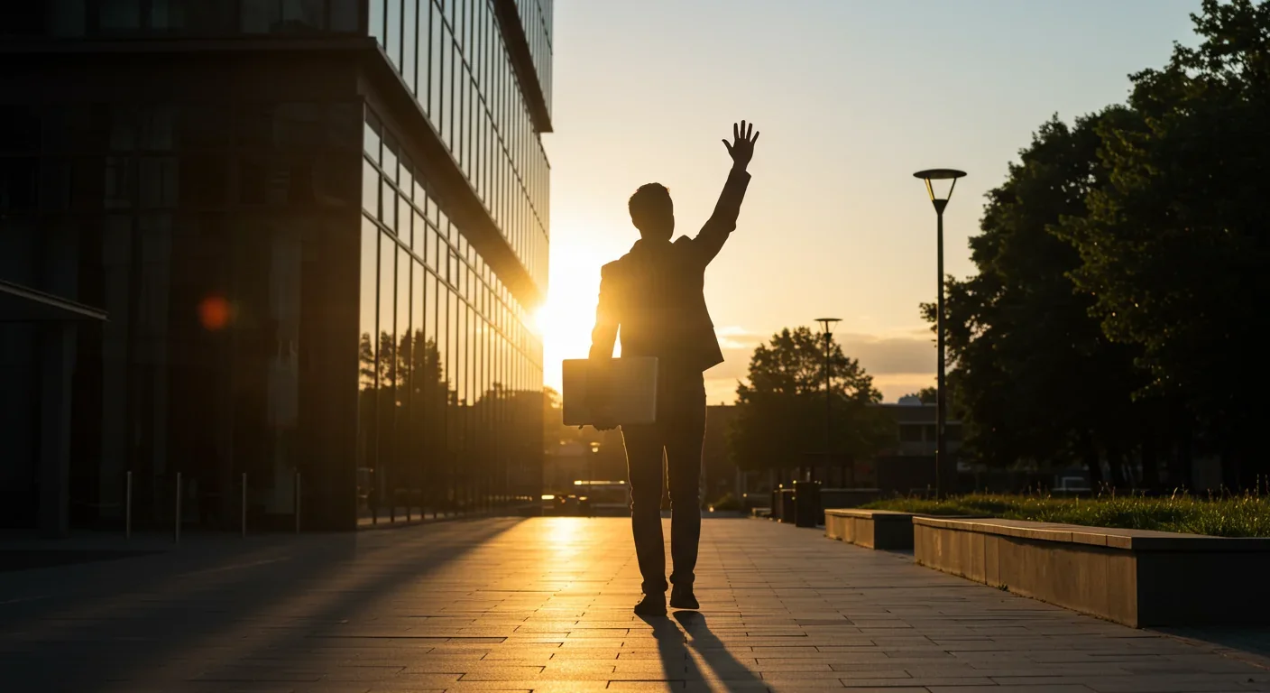 Worker leaving office at end of day looking relaxed and content, representing healthy work-life boundaries