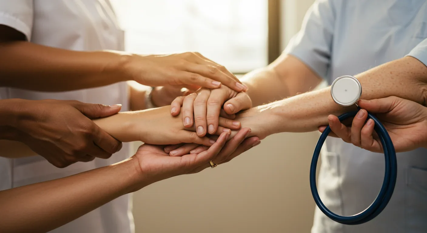 Hands performing various caregiving tasks representing gendered emotional labor
