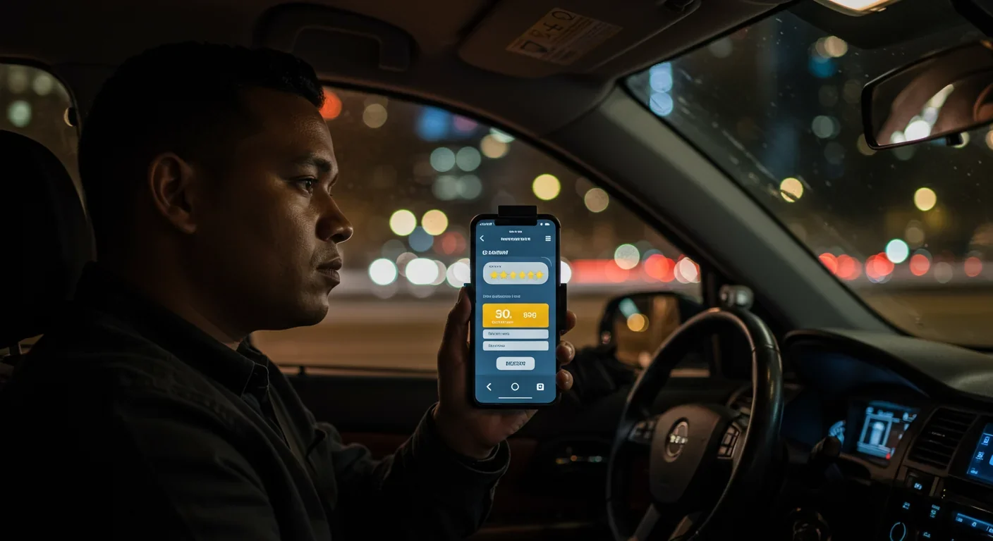 Tired gig economy driver in car at night with rating app visible on phone