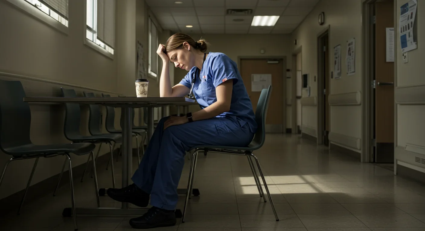 Exhausted healthcare worker sitting alone in hospital break room showing signs of burnout