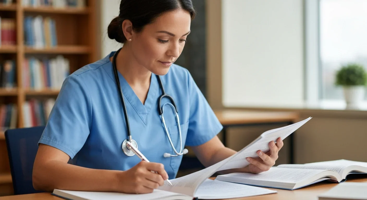 Adult nursing student studying medical materials for credential requirements