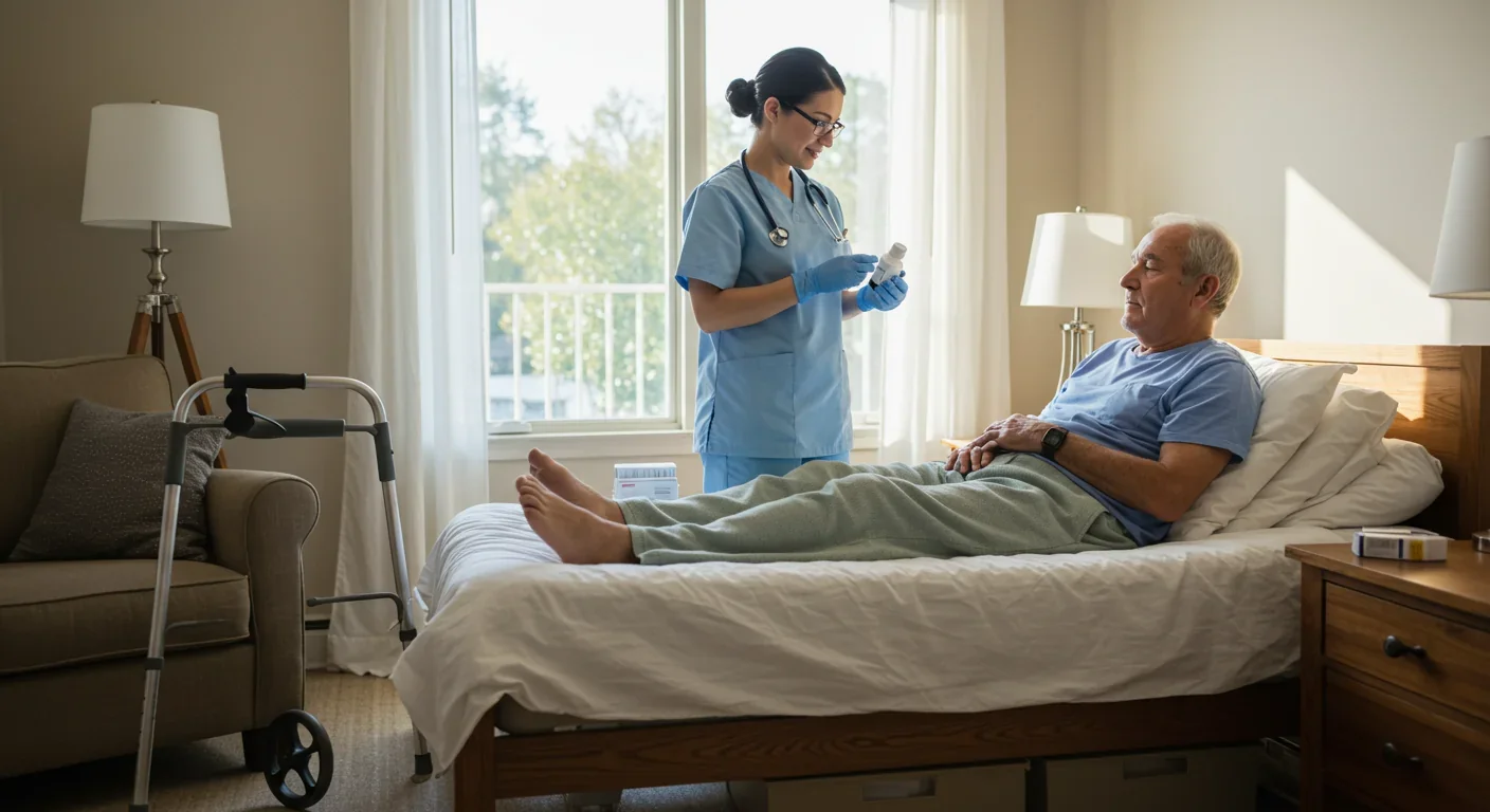Home health aide giving medication to elderly man