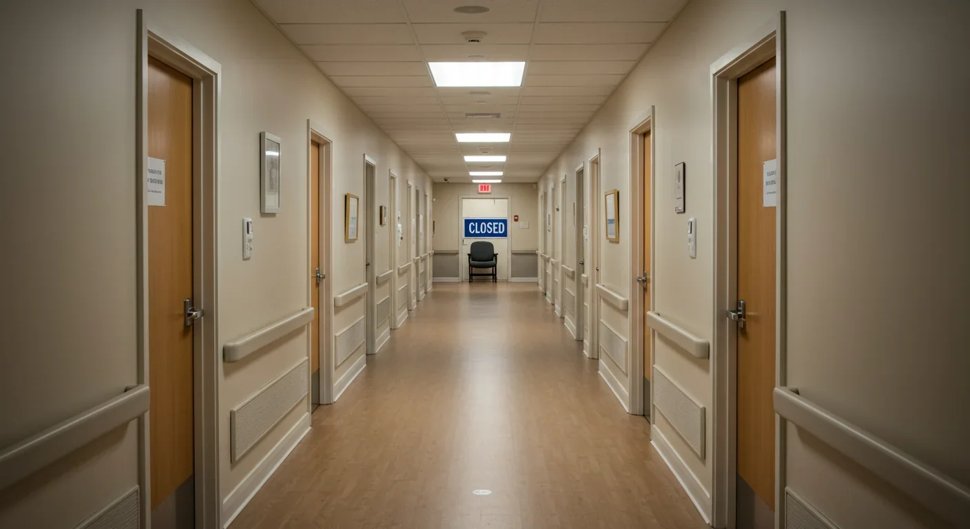 Empty nursing home corridor with closed sign