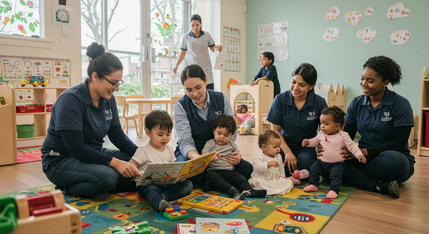 Parents dropping off children at daycare center during busy morning rush