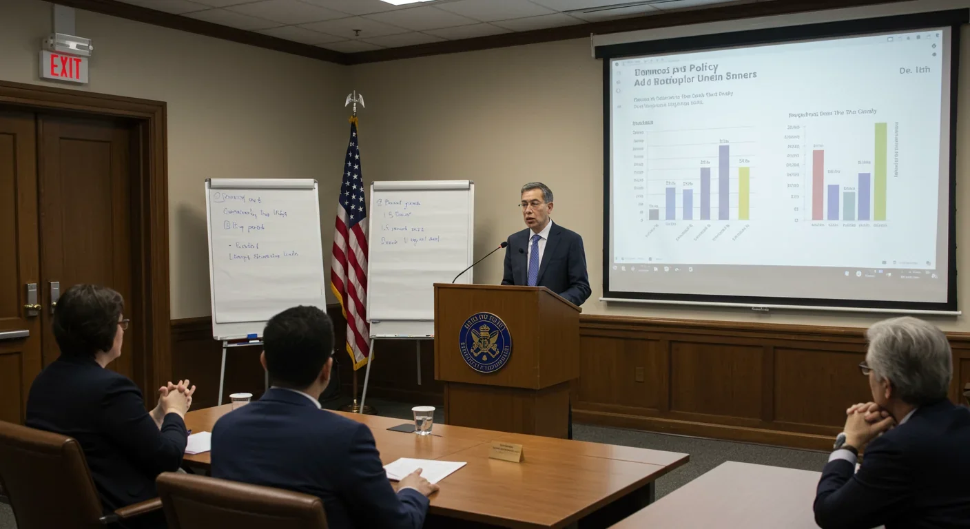 Government officials presenting demographic policy responses and pronatalist programs