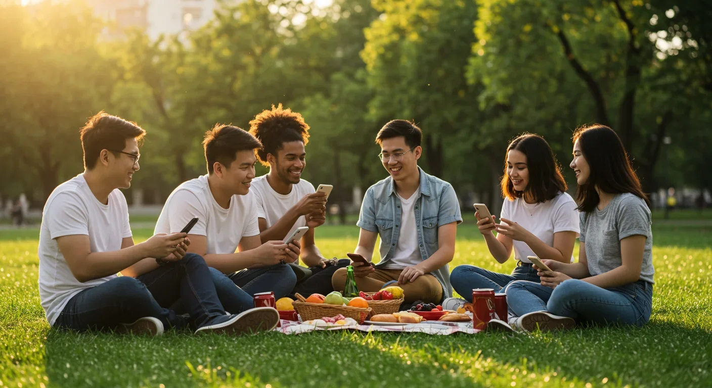 Young adults building social connections and chosen family networks in urban park setting