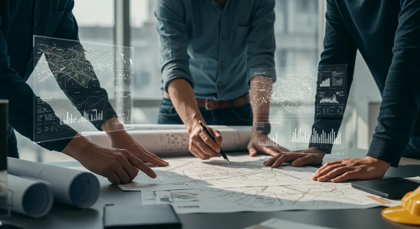 Urban planners analyzing city infrastructure plans and demographic data on blueprints and digital screens