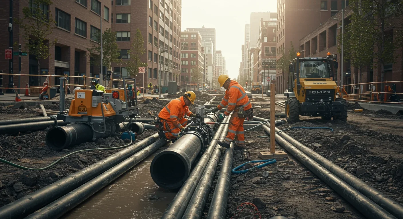 Workers installing modern water infrastructure in an urban environment with technical equipment