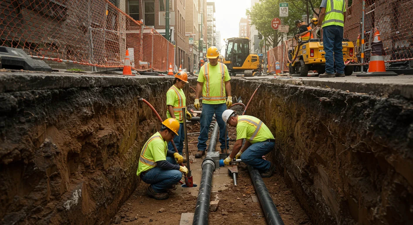 Utility crew repairing water pipes in urban street excavation with safety equipment